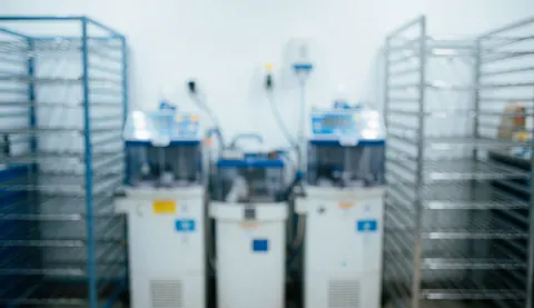 Arrière-plan professionnel pour textes sur la réparation de joaillerie, montrant des bacs de nettoyage par ultrasons et des étagères métalliques dans des tons bleus et blancs, évoquant un environnement technique et
