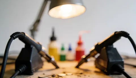 Vue rapprochée et floue d'un poste de travail pour la soudure comprenant des fer à souder, des contenants de flux et une lampe d'éclairage sur un bureau.