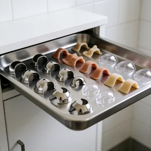 Plateau en métal contenant des protecteurs d'ongles translucides et beiges sur un fond de carreaux blancs, éclairage professionnel.