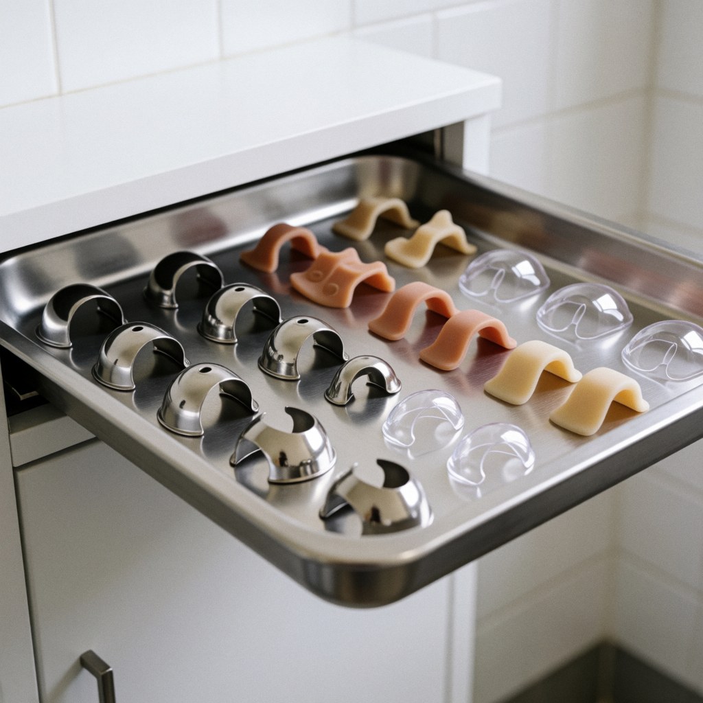 Plateau en métal contenant des protecteurs d'ongles translucides et beiges sur un fond de carreaux blancs, éclairage professionnel.