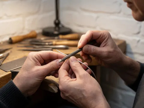 Une main manipulant du métal dans un atelier, entourée d'outils de bijouterie et de réparation, sur un fond de mur de briques blanches avec une lumière chaude.