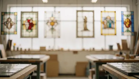 Arrière-plan flou d'un atelier de travail du verre avec des outils et des tables de travail pour le design et l'artisanat.