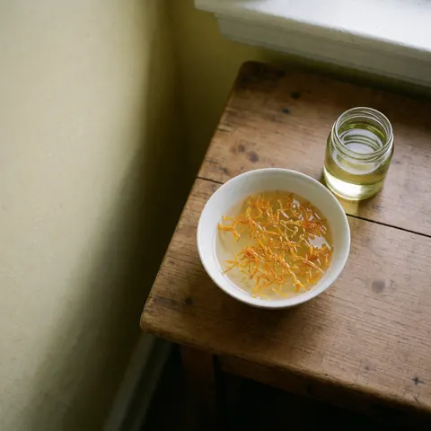 Bol blanc rempli d'eau et de pétales de souci, accompagné d'une carafe d'huile, posé sur une table rustique baignée de lumière naturelle.