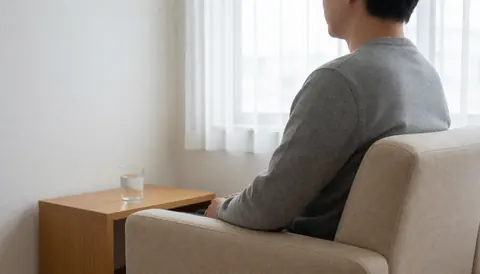 Une personne attend dans une clinique d'ostéopathie, assise sur une chaise beige près d'une table en bois avec un verre d'eau, devant une fenêtre aux rideaux.