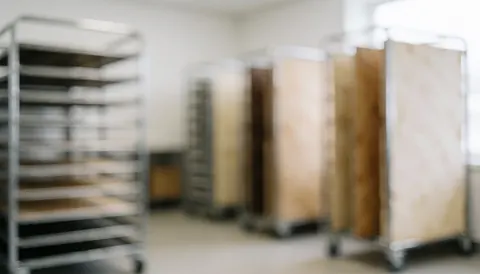 Des étagères en métal disposées dans un environnement de cuisine professionnelle, servant de fond neutre et clair pour l'ajout de texte ou de contenu visuel.