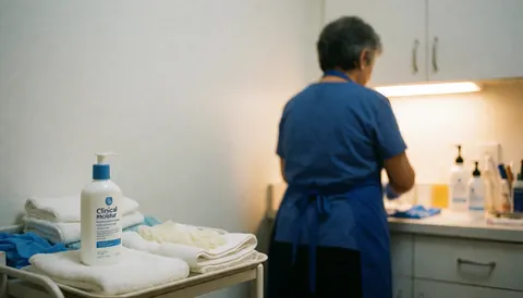 Un professionnel de la podologie prépare une salle de traitement avec des serviettes, des gants et du produit dans un environnement propre et professionnel éclairé par une lumière chaude.