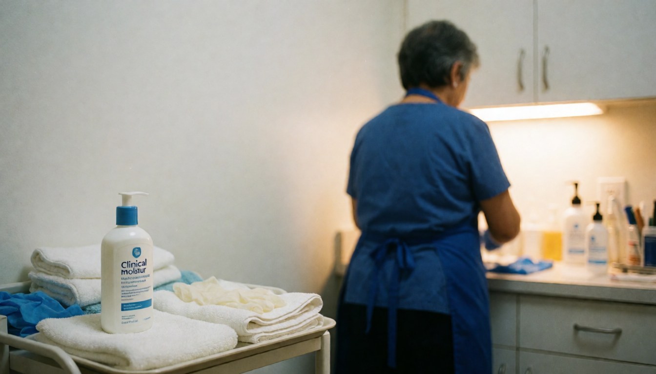 Un professionnel de la podologie prépare une salle de traitement avec des serviettes, des gants et du produit dans un environnement propre et professionnel éclairé par une lumière chaude.
