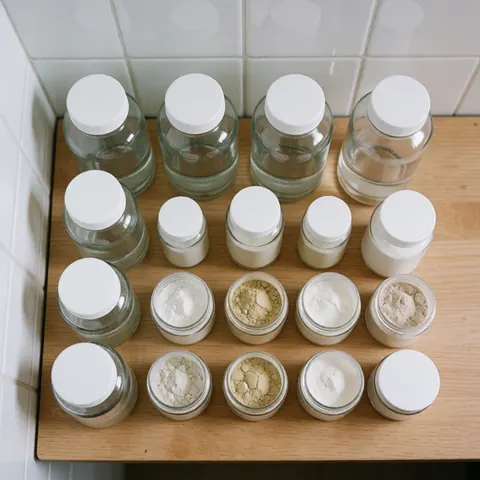 Des flacons en verre avec des couvercles blancs et du poudre de compléments sur une surface en bois clair, idéal pour promouvoir des produits de santé naturelle en ostéopathie.