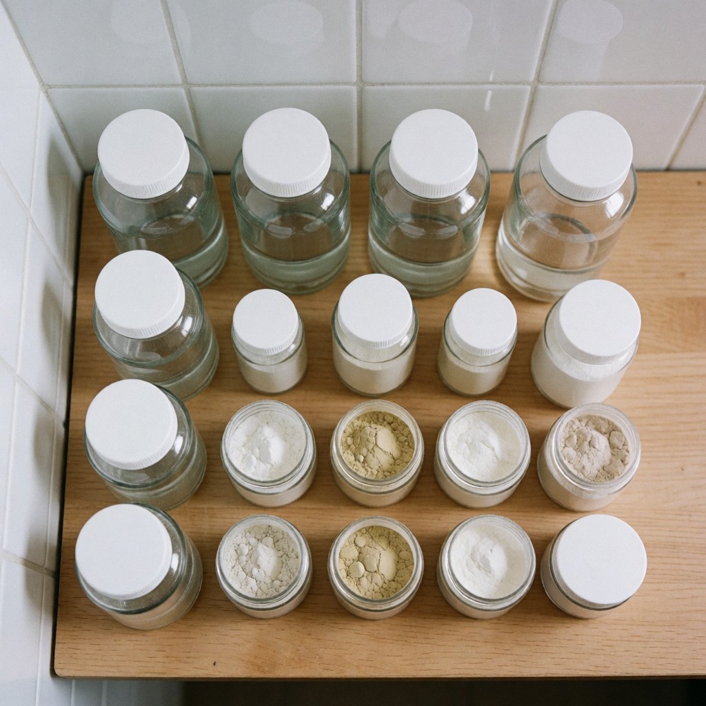 Des flacons en verre avec des couvercles blancs et du poudre de compléments sur une surface en bois clair, idéal pour promouvoir des produits de santé naturelle en ostéopathie.