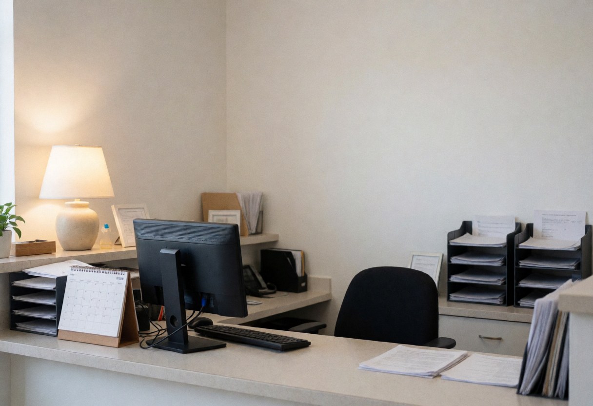 Vue d'une réception d'entreprise propre et bien rangée avec un bureau, une chaise, des documents et une plante sur fond blanc.