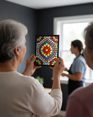 Détail d'un panneau en verre mosaïque coloré installé dans une maison, mettant en valeur la cristallerie décorative et la lumière.