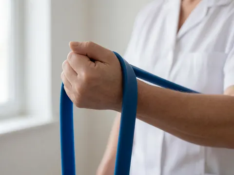 Main adulte tenant une bande de résistance bleue dans un cadre clinique éclairé par la lumière naturelle, soulignant la précision du soin ostéopathique.