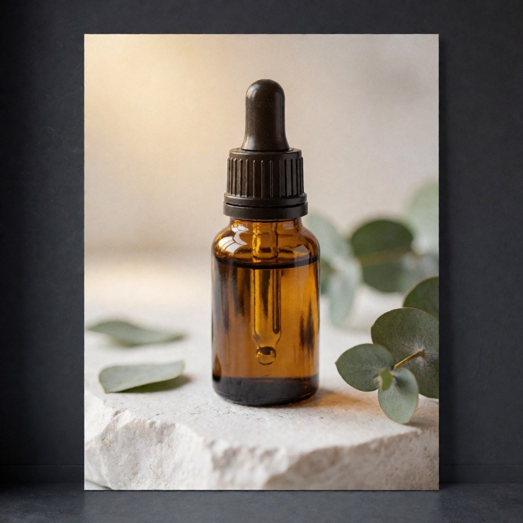 Bouteille d'huile essentielle d'eucalyptus posée sur une pierre blanche avec des feuilles vertes, éclairage chaleureux, idéale pour les produits de spa et de bien-être naturel.