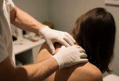 Ostéopate en gants blancs massant l'épaule et le cou d'une patiente dans un cadre clinique éclairé avec un fond flou.