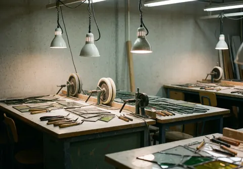 Espace de travail propre et bien éclairé pour la découpe du verre avec outils et matériaux visibles sur une table.