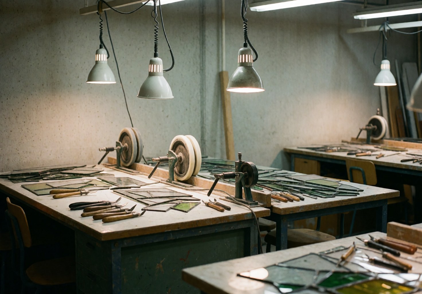 Espace de travail propre et bien éclairé pour la découpe du verre avec outils et matériaux visibles sur une table.