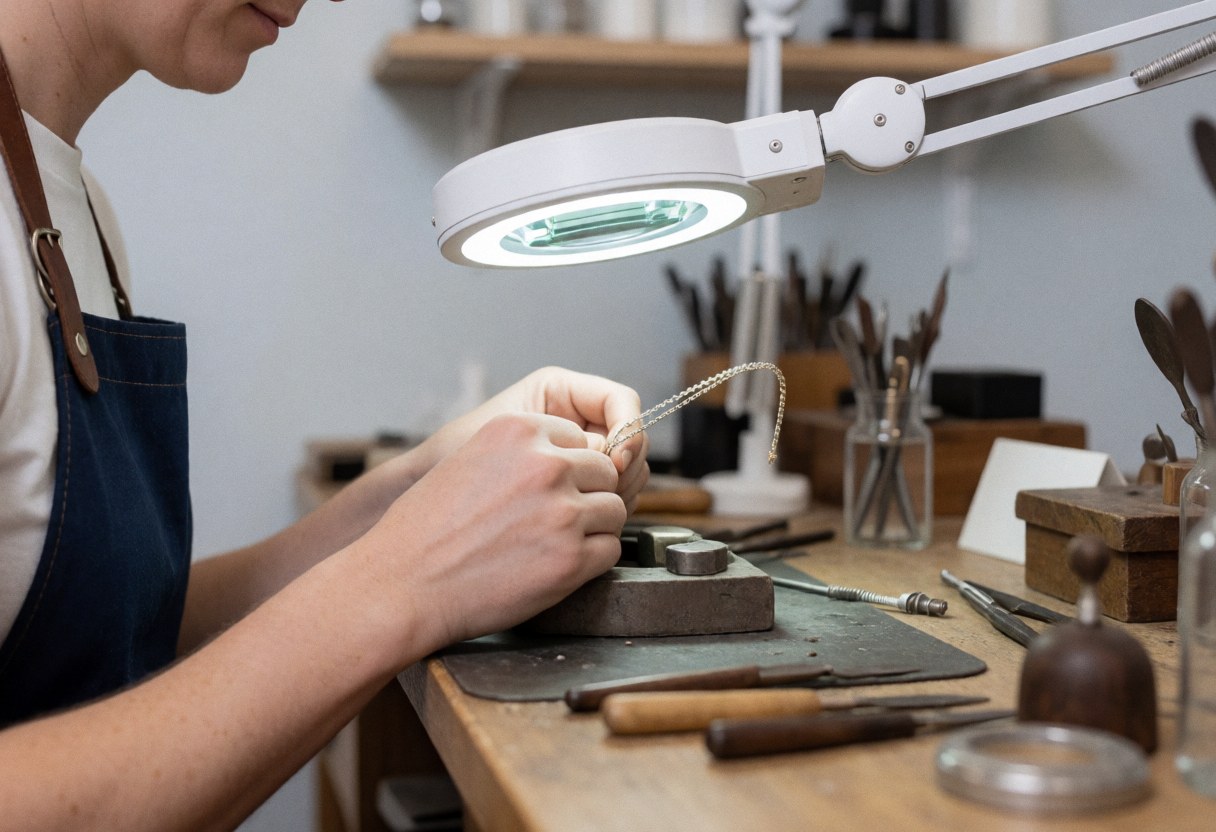 Un artisan joaillier effectue une réparation précise sur une chaîne en métal à l'aide d'outils spécialisés dans son atelier.