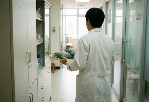 Un ostéopathe en blouse blanche marche dans un couloir lumineux d'une clinique, tenant un plateau contenant du gel thermique à destination d'un cabinet.