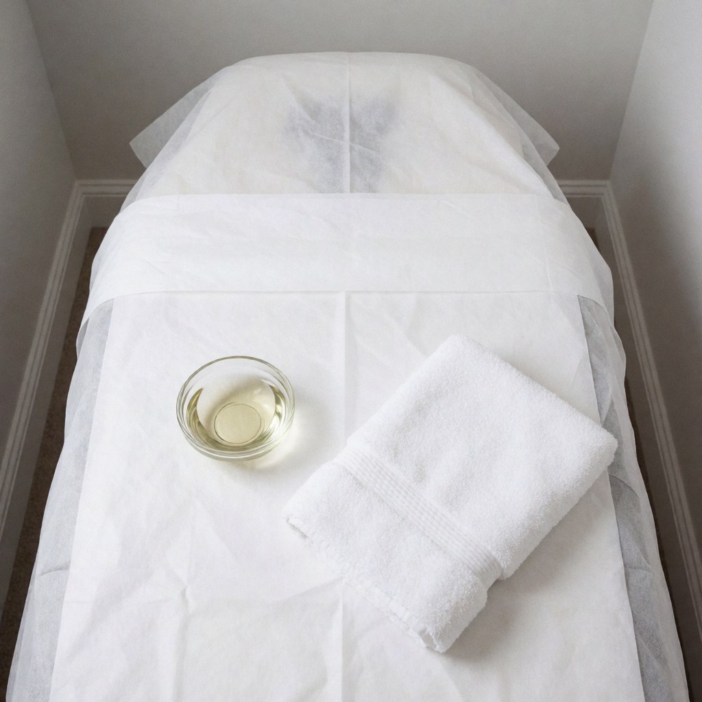 Une table de massage recouverte d'une serviette blanche, accompagnée d'un petit bol d'huile et d'une serviette pliée, prête pour une séance de thérapie.