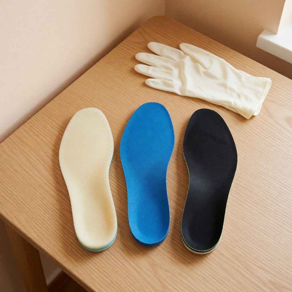 Trois semelles podologiques en mousse, gel et carbone posées sur une table en bois clair, accompagnées de gants médicaux. Scène professionnelle pour catalogue.