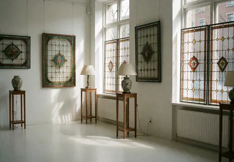 Des vitraux décoratifs sont suspendus sur des murs blancs dans une galerie, éclairés par la lumière naturelle provenant de grandes fenêtres.