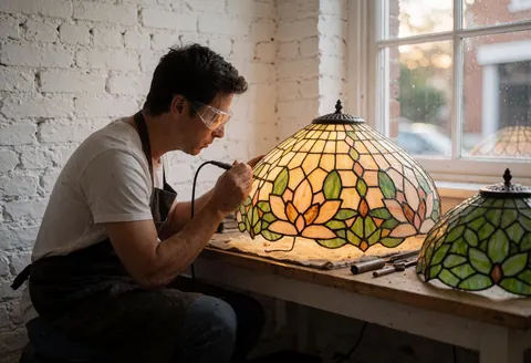Un artisan assemble soigneusement une lampe au style Tiffany en soudant des pièces de verre coloré dans un atelier lumineux.