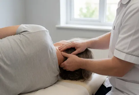 Un thérapeute en uniforme blanc réalise un massage cervical sur un client allongé sur une table de massage dans un cabinet lumineux.