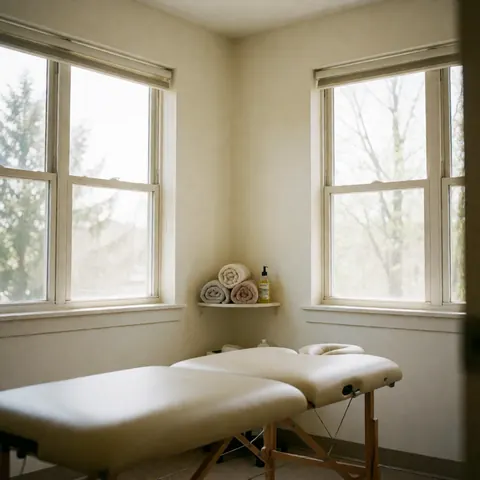 Espace de thérapie spacieux et aéré avec lits de massage, servisses blanches et grandes fenêtres laissant entrer la lumière naturelle.