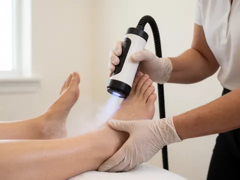 Procédure de cryothérapie pour l'élimination des verrues, mettant en évidence les mains du podologue et le dispositif médical utilisé.