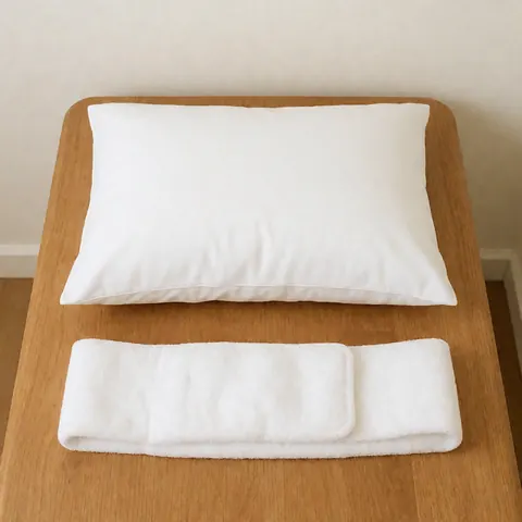 Lit de massage en bois clair équipé d'un coussin blanc et d'une sangle de maintien, dans un environnement épuré et minimaliste adapté à l'ostéopathie.
