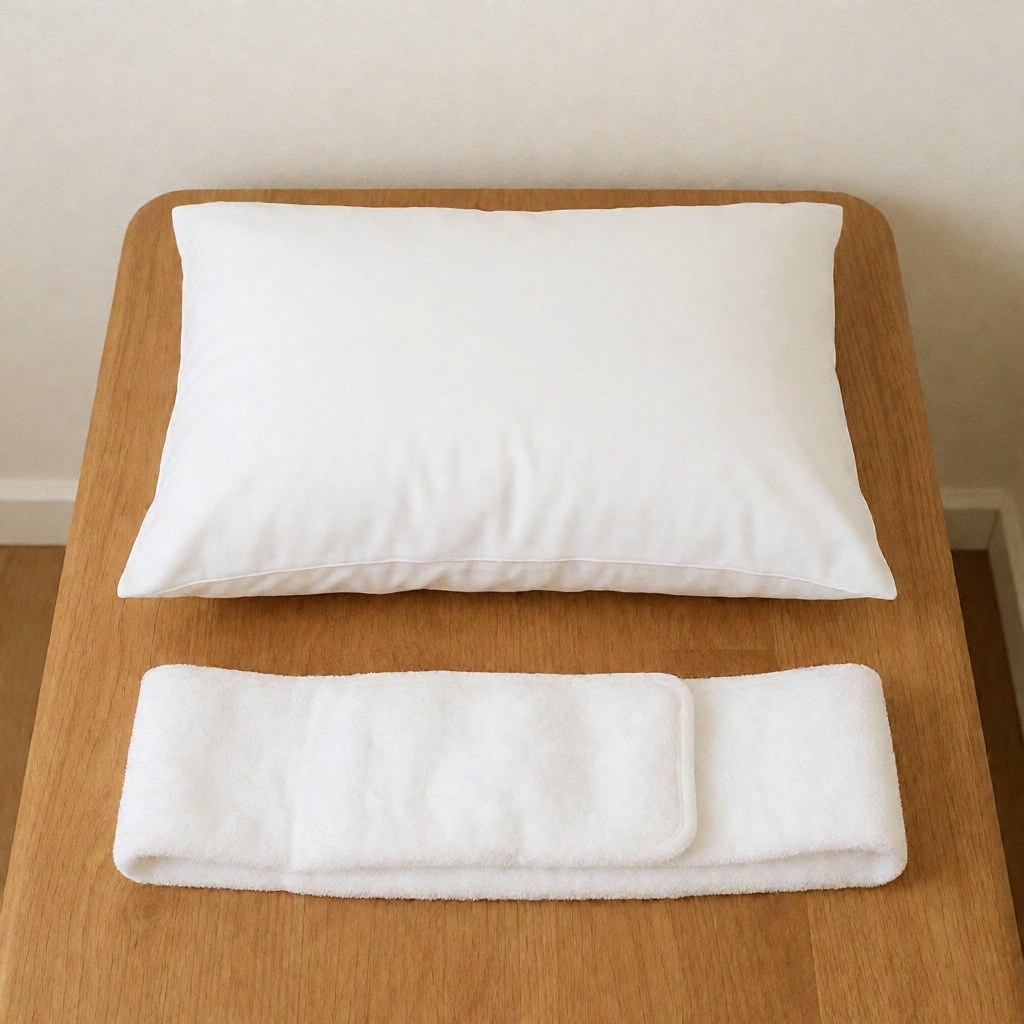 Lit de massage en bois clair équipé d'un coussin blanc et d'une sangle de maintien, dans un environnement épuré et minimaliste adapté à l'ostéopathie.