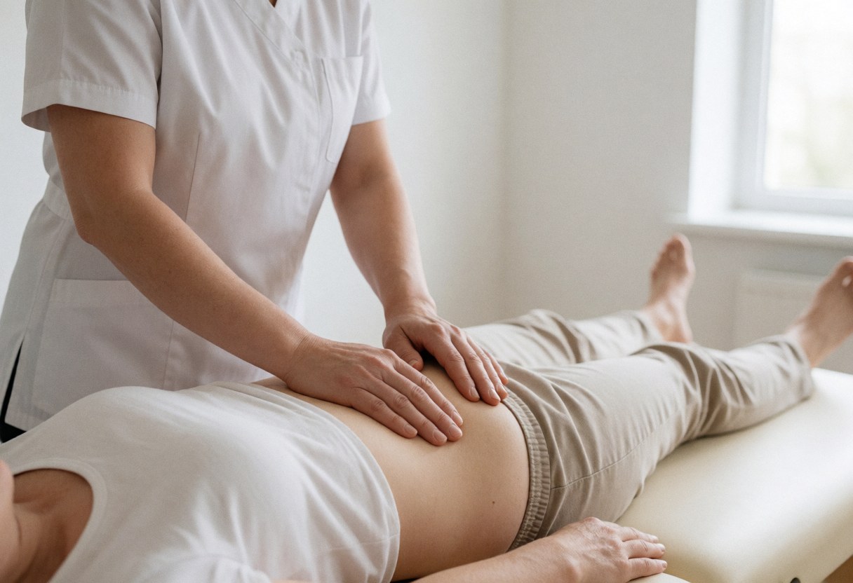 Ostéopate en uniforme blanc réalise un massage doux sur l'abdomen d'un patient allongé sur une table de traitement dans un cadre clinique lumineux et professionnel.