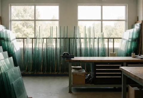 Vue d'un atelier de vitrerie lumineux et bien rangé avec des outils, du verre et des matériaux sur des surfaces claires.