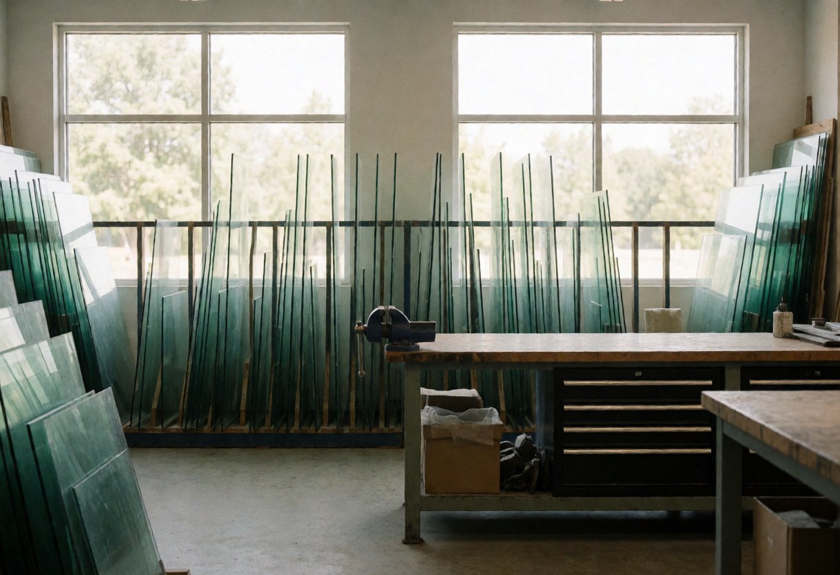 Vue d'un atelier de vitrerie lumineux et bien rangé avec des outils, du verre et des matériaux sur des surfaces claires.