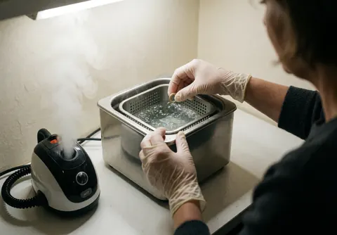 Un professionnel porte des gants en nitrile et place une bague en or dans un nettoyeur à ultrasons sur une table blanche sous éclairage LED.