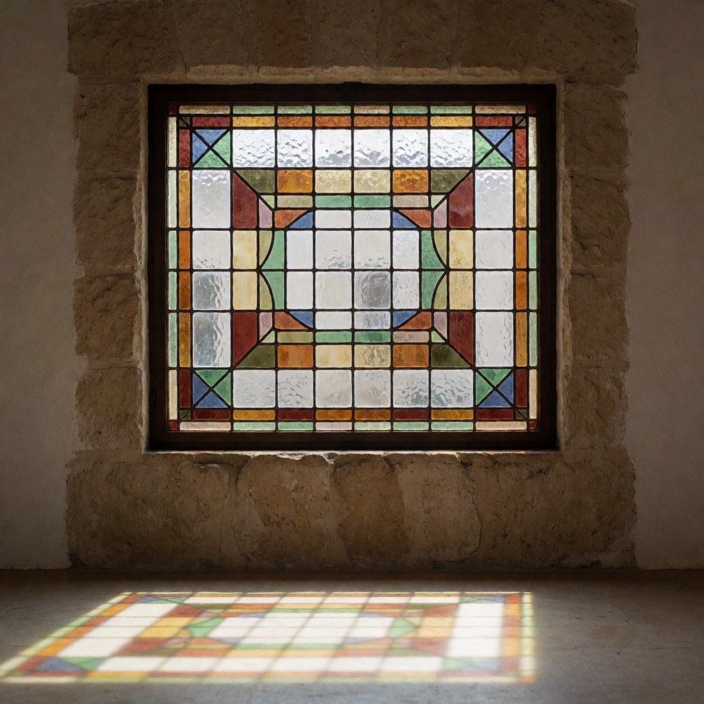 Un vitrail colonial est installé dans une fenêtre, mettant en valeur l'architecture historique et la décoration de la façade.