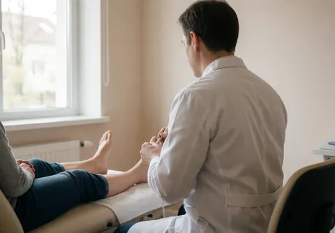 Un podologue professionnel examine et traite le pied d'un patient allongé sur une table de consultation dans un cabinet médical.