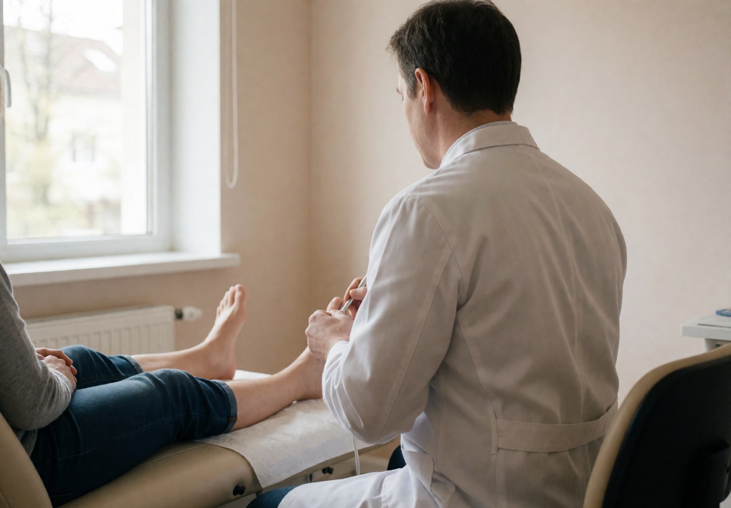 Un podologue professionnel examine et traite le pied d'un patient allongé sur une table de consultation dans un cabinet médical.