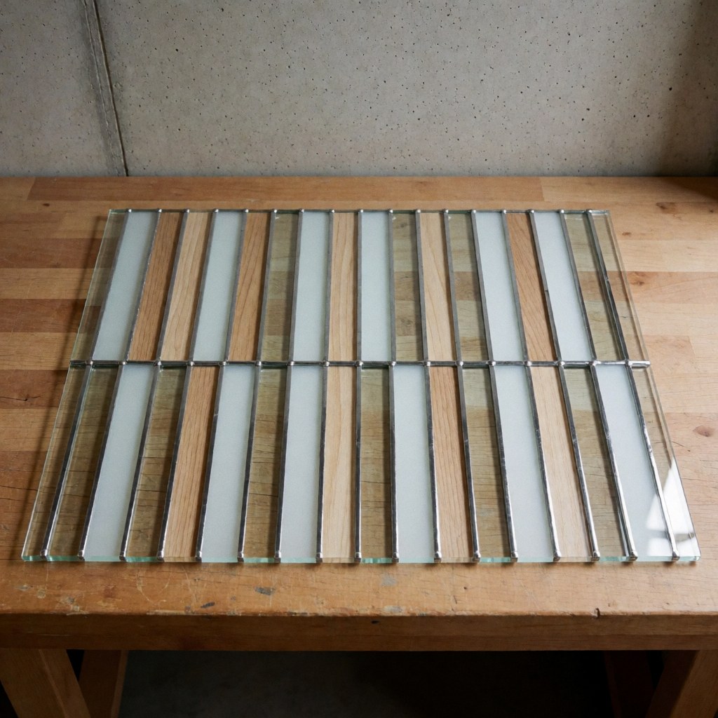 Panneau plat avec motif géométrique en verre décoratif posé sur une surface en bois, illustrant un design minimaliste et moderne pour la décoration intérieure.