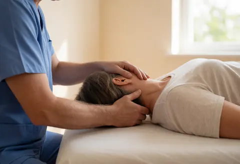 Un ostéopathe effectue un massage de détoxification sur le cou d'un patient allongé sur une table de traitement dans un cabinet.