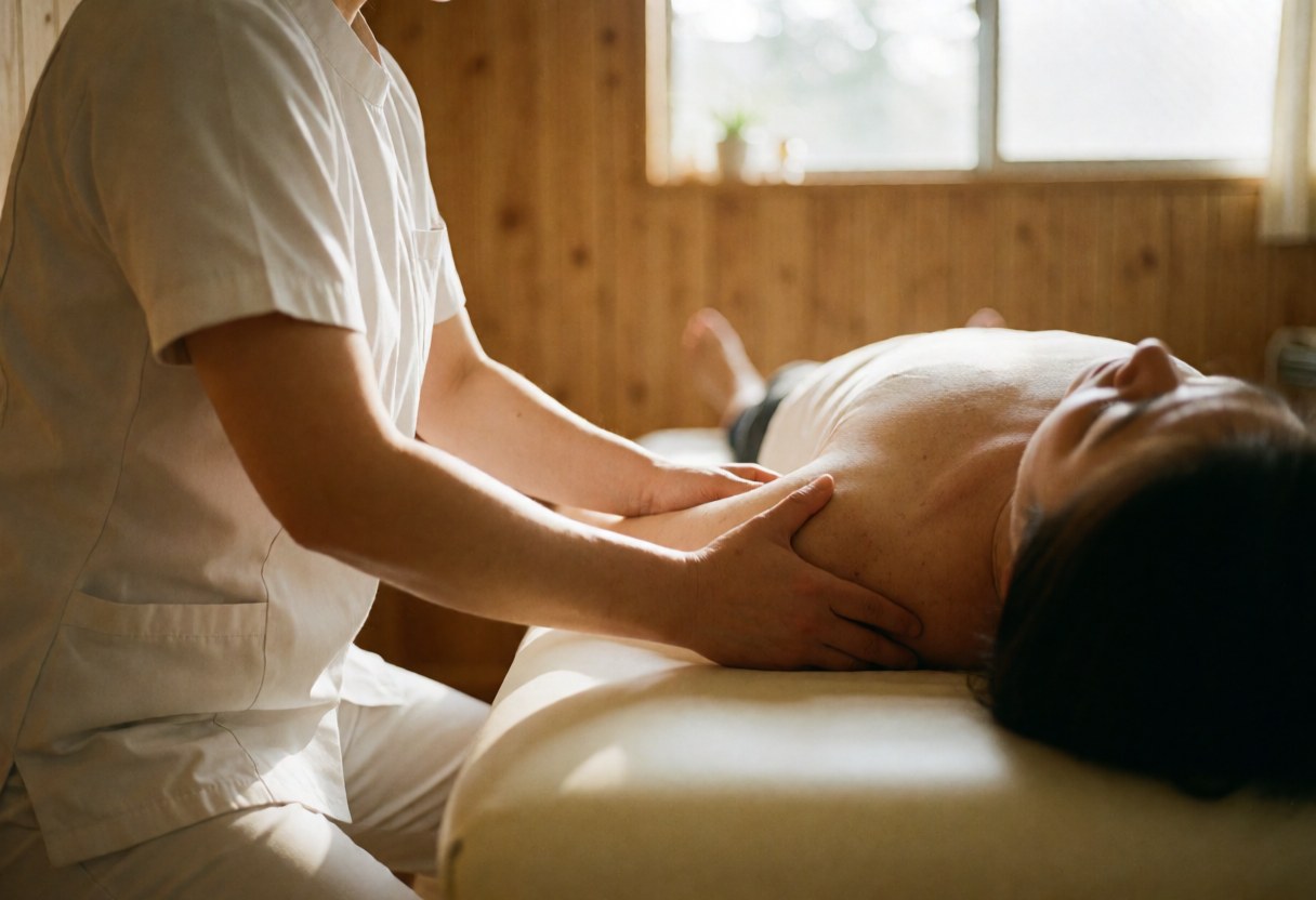 Un professionnel du bien-être réalise un traitement de massage manuel sur un client allongé dans un cabinet.