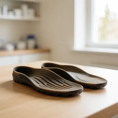 Vue rapprochée de semelles orthopédiques pour chaussures de randonnée posées sur une surface blanche avec un arrière-plan flou.