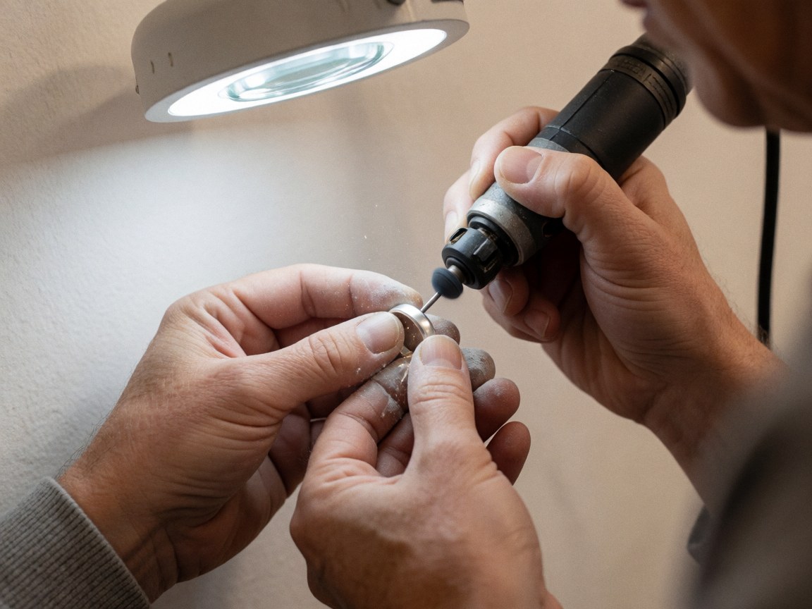 Un artisan bijou utilise un outil rotatif pour polir une bague en argent sur un fond blanc, mettant en valeur le travail manuel et la précision du métier.