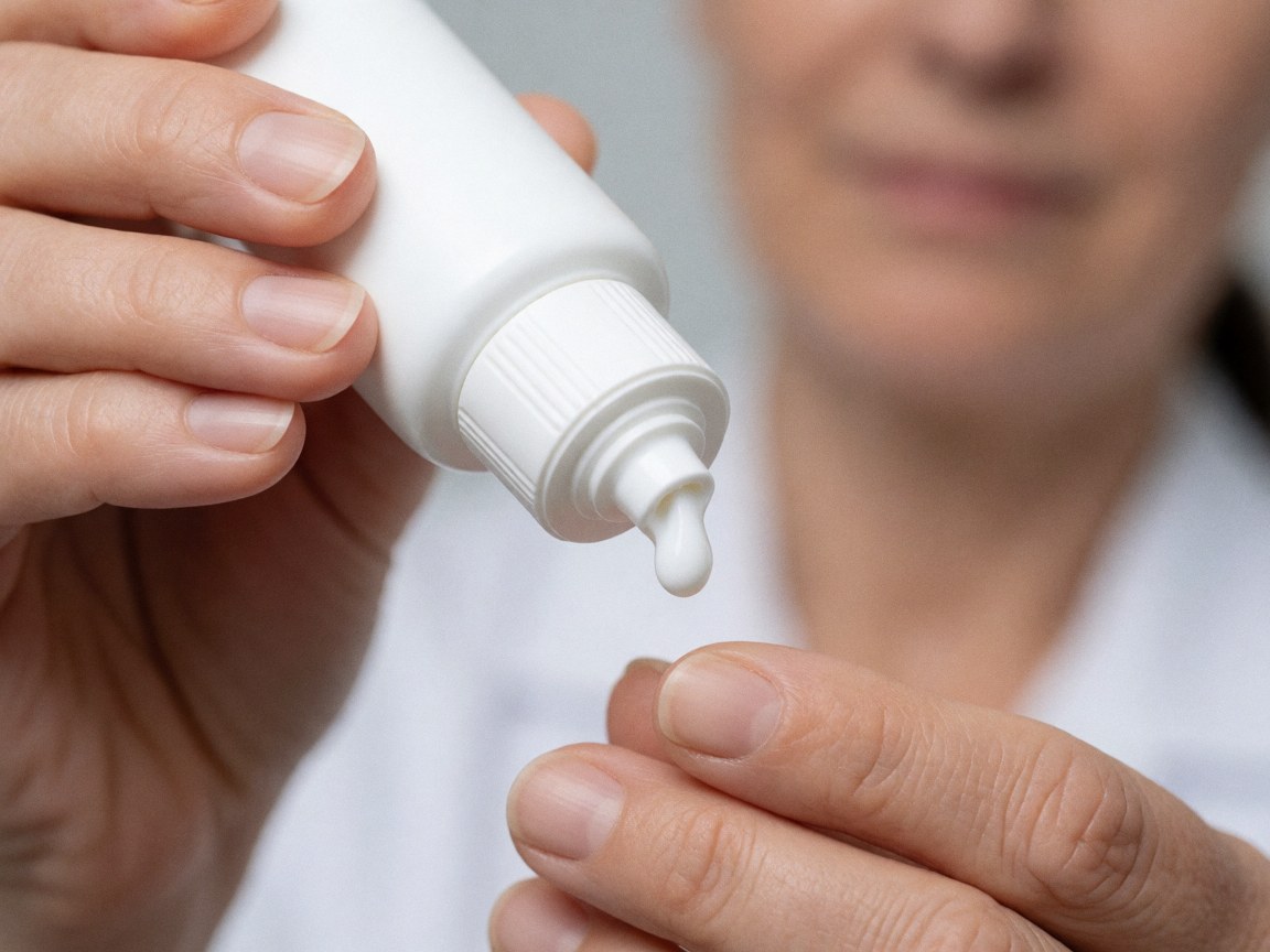 Goutte de crème médicale appliquée avec soin, mains de professionnel sur fond médical flou, produit visible et net.