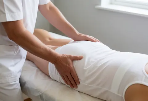 Un thérapeute effectue un ajustement pelvien latéral sur un client allongé pour soulager la douleur et améliorer l'alignement corporel.