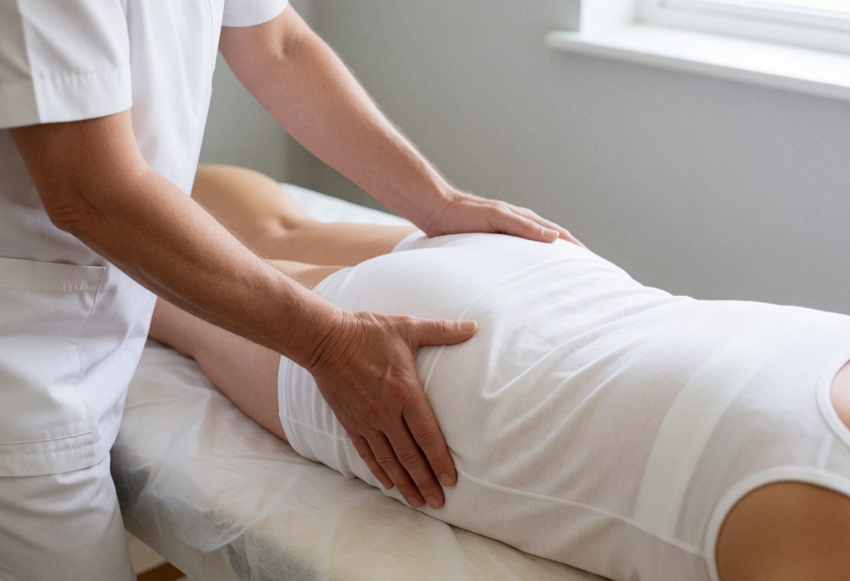 Un thérapeute effectue un ajustement pelvien latéral sur un client allongé pour soulager la douleur et améliorer l'alignement corporel.