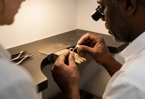 Un joaillier effectue un travail de réparation minutieux sur une bague en or à l'aide de pinces et d'une loupe dans son atelier.