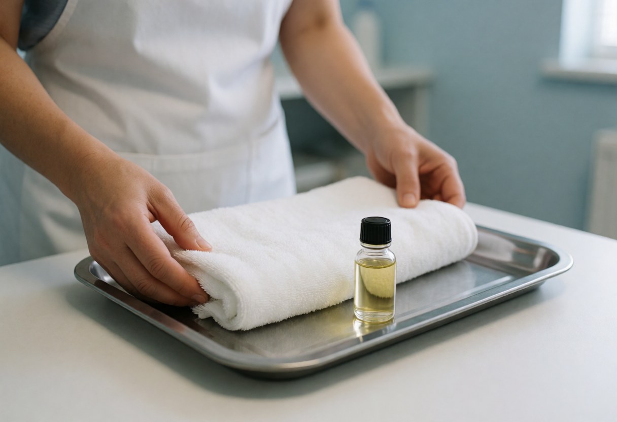 Un thérapeute prépare une serviette blanche et un flacon d'huile sur un plateau métallique dans un environnement clinique propre et professionnel.