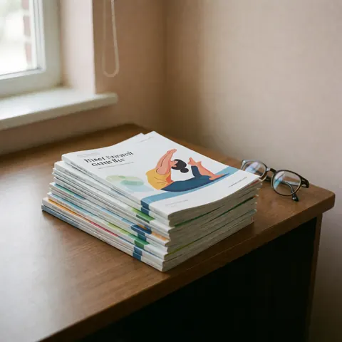 Pile de guides d'exercices avec illustration d'étirement, lunettes de lecture et lumière naturelle sur une table en bois.