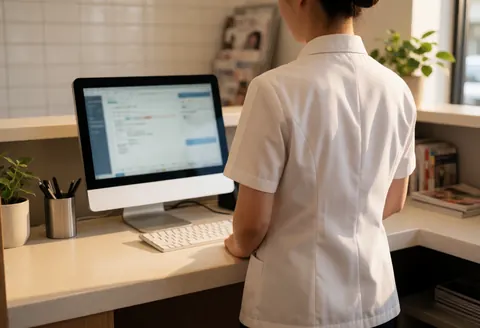 Une réceptionniste en uniforme blanc travaille sur un ordinateur dans un bureau lumineux avec des carreaux blancs, une table, des chaises et des magazines.